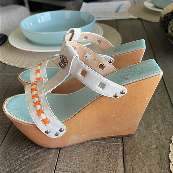 Versace Beige Leather Wood Platform Wedge - Picture 1 of 10
